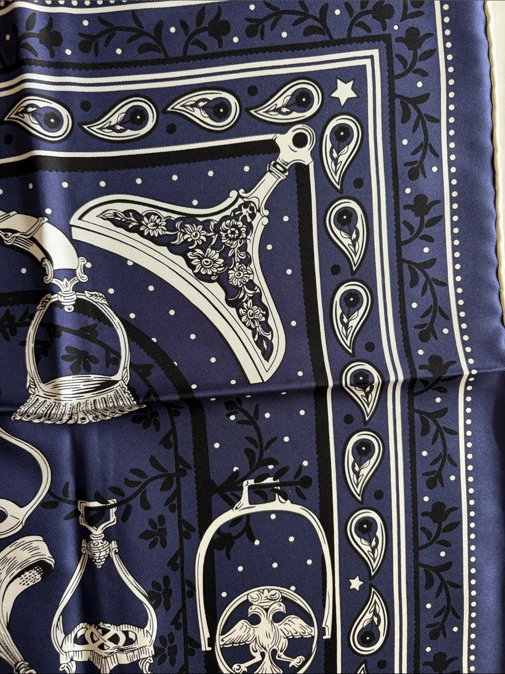 Hermes Navy Blue and White Equestrian Print Silk Scarf  Etriers Remix bandana 55